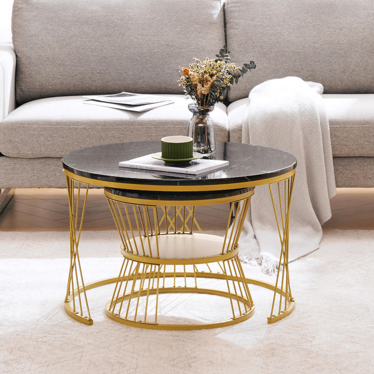 COUCHTISCH-SET 70/70/47 und 45/45/40 cm, rund ineinanderschiebbar mit Hochglanz-Oberfläche und Metallgestell, Schwarz/Gold - Schwarz, Holzwerkstoff (70/70/45cm) - Redom