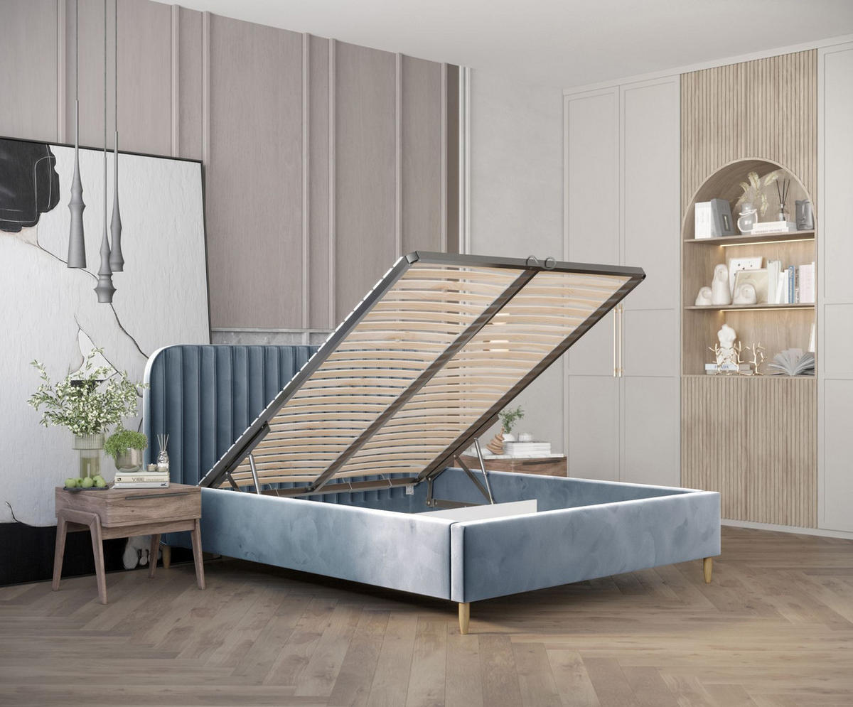 POLSTERBETT Noto Blau Grau 140/200 cm im Samtstoff - Blaugrau/Naturfarben, Holz/Holzwerkstoff (140/200cm) - Maison de Reve