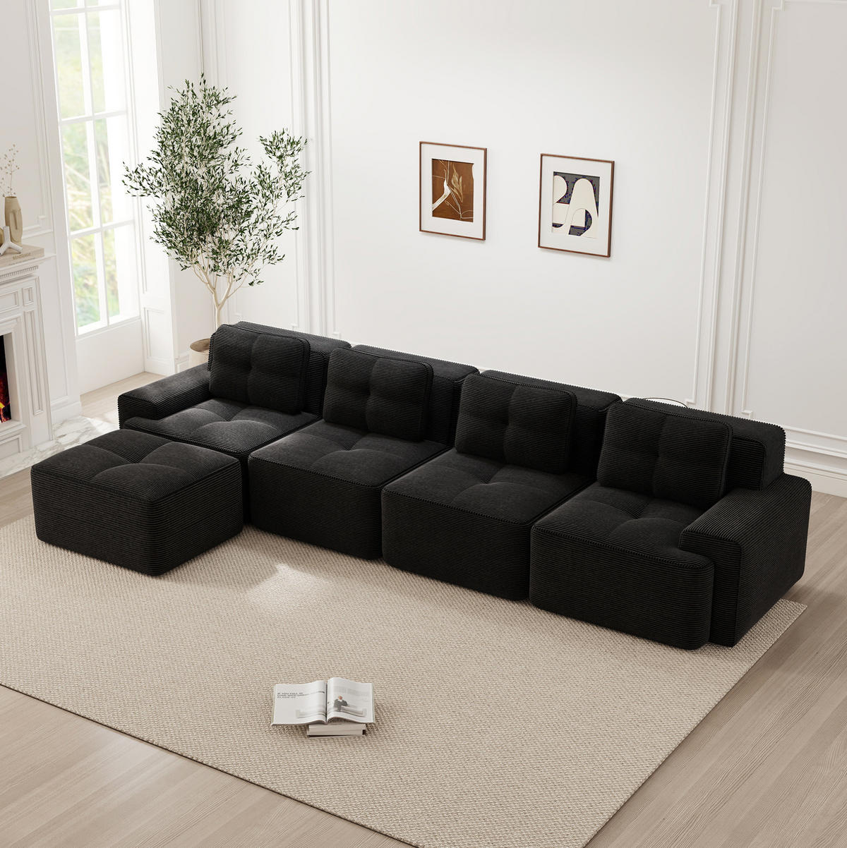 ECKSOFA 382/177/69 cm schwarz aus Cord mit 74 cm Tiefsitz und Chaiselongue - Schwarz, Textil (177/382cm) - OKWISH