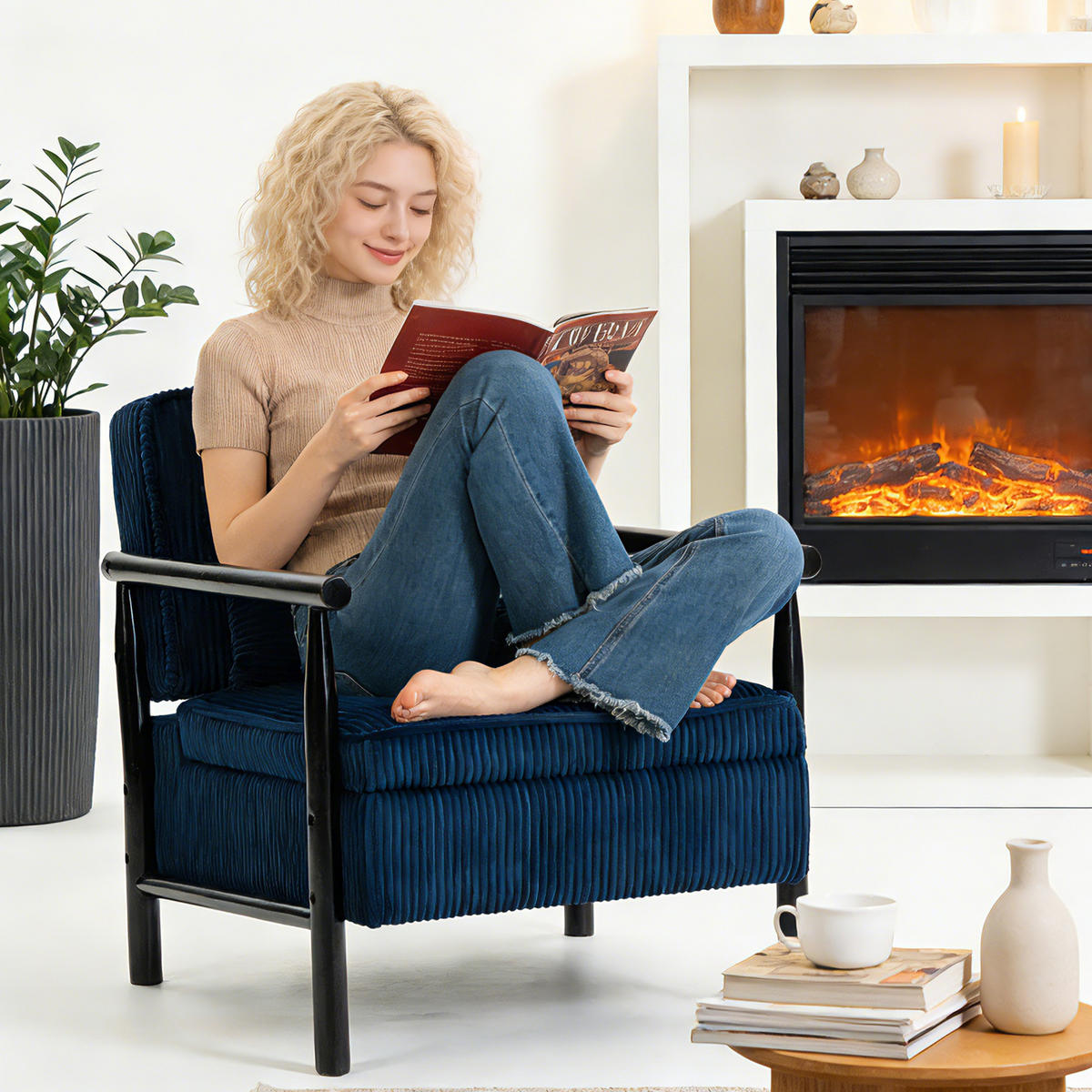 SESSEL Samt Blau mit Lendenkissen und Ablage - Blau, Holzwerkstoff/Textil (93/73/66cm) - WISHDOR