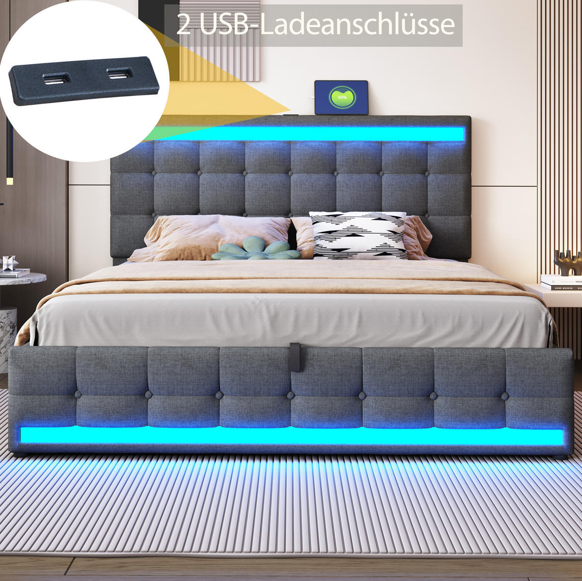 POLSTERBETT 180/200 cm Grau aus Stoff mit LED-Beleuchtung und USB - Grau, Textil (180/200cm) - OKMYHOME