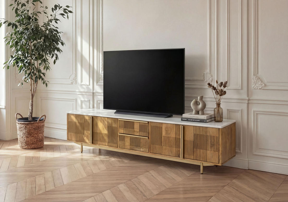 TV-BOARD Mango 200x40x50 hellbraun geölt / Marmor weiß MIAMI #105 - Braun, Holz (200/50/40cm) - Massivmoebel24
