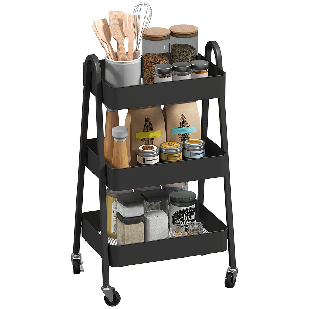 SERVIERWAGEN mit 3 Ebenen Küchenwagen mit Rollen Griff Rollwagen, Schwarz - Schwarz, Metall (42.4/74.5/29.8cm) - HOMCOM