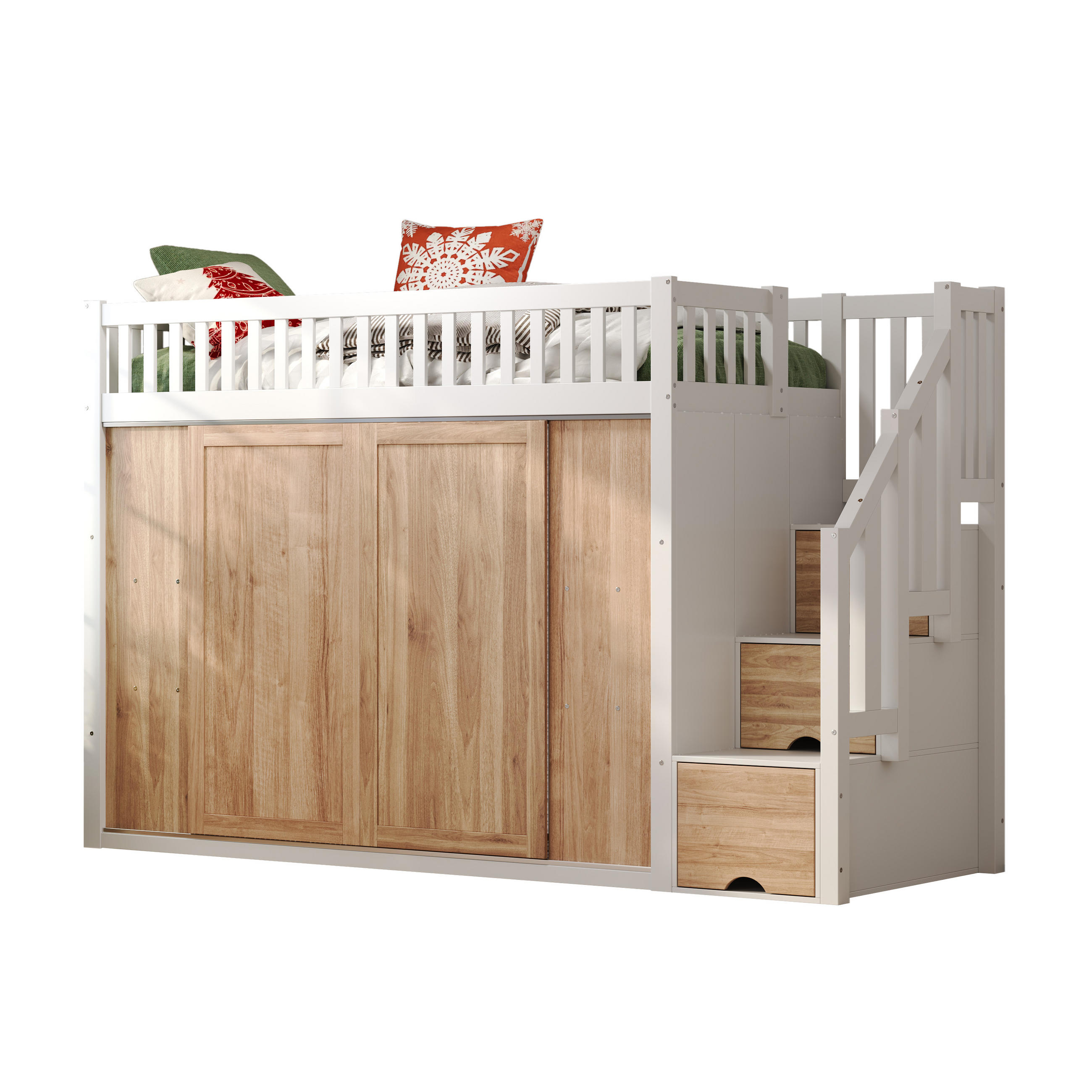 HOCHBETT 90/200 cm in Weiß & Eiche mit Kleiderschrank, Treppenschrank und LED - Weiß, Holz/Holzwerkstoff (90/200cm) - WISHDOR