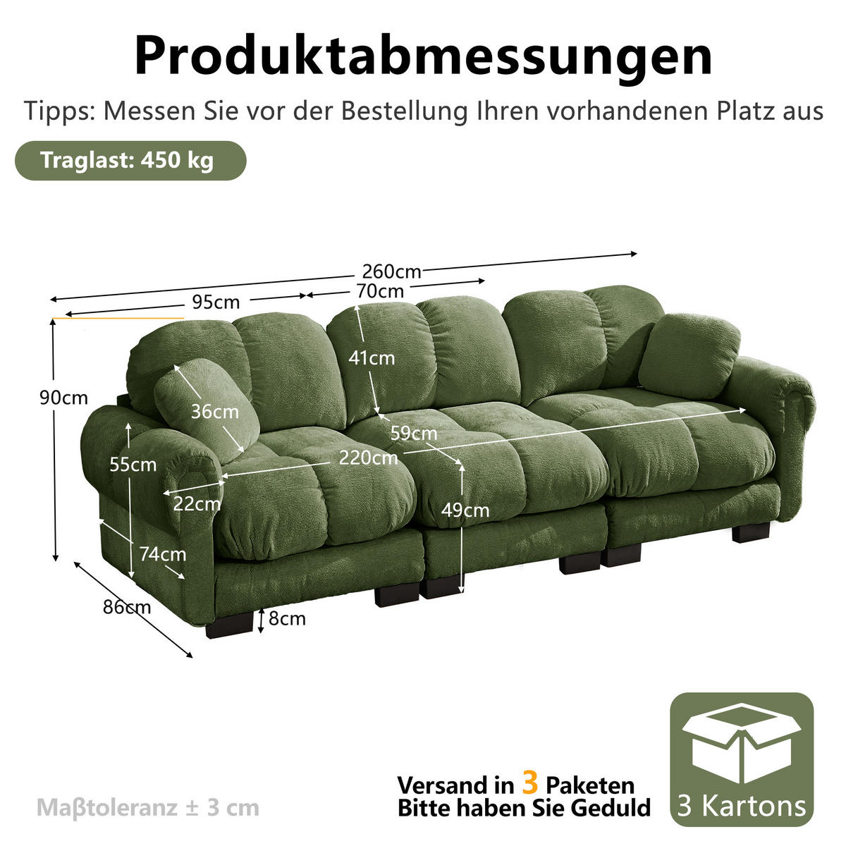 3-SITZER-SOFA DE-34384 Steppdesign und 2 Dekokissen Grün - Grün, Textil (86/90/260cm) - ComfortXL