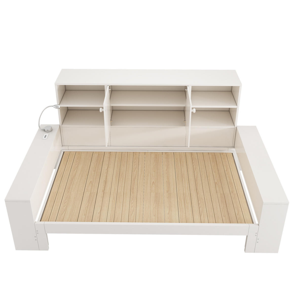 DENNÁ posteľ 90/200 cm biela s výsuvným lôžkom, úložným priestorom a USB portmi z MDF a preglejky - biela, kompozitné drevo (90/200cm) - OKWISH