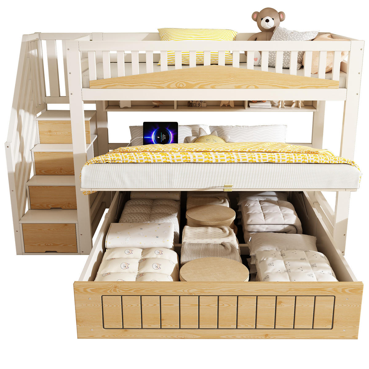 ETAGENBETT 90/140/200 cm mit Stauraum, Treppenschrank und USB/USB-C, Weiß/Natur - Weiß, Holzwerkstoff (90/200cm) - Redom