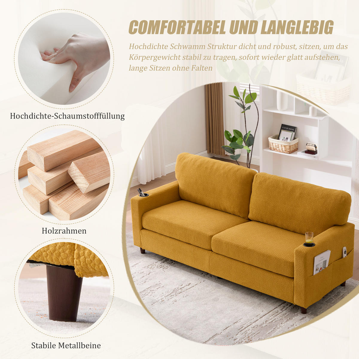 2-SITZER SOFA Chenille Senfgelb mit USB-C, LED, Getränkehaltern und Seitentaschen - Orange, Holzwerkstoff/Textil (203/86/77.5cm) - WISHDOR