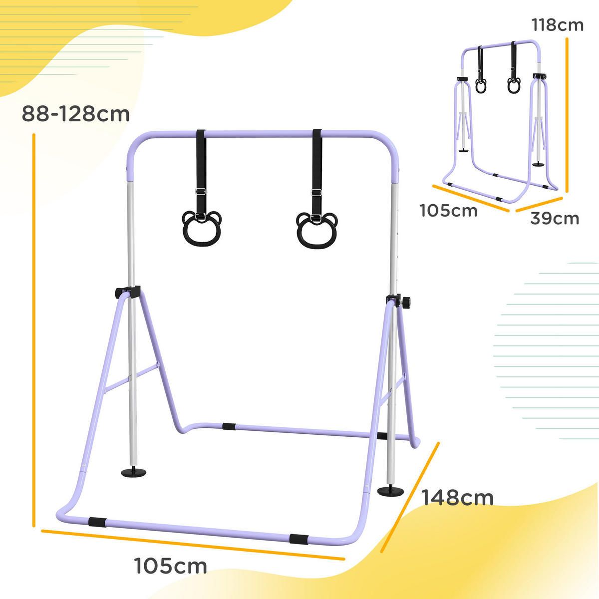 KINDER-TURNBARREN DE-10928 mit Ringen höhenverstellbar klappbar Pink - Violett, Metall (105/148cm) - ComfortXL