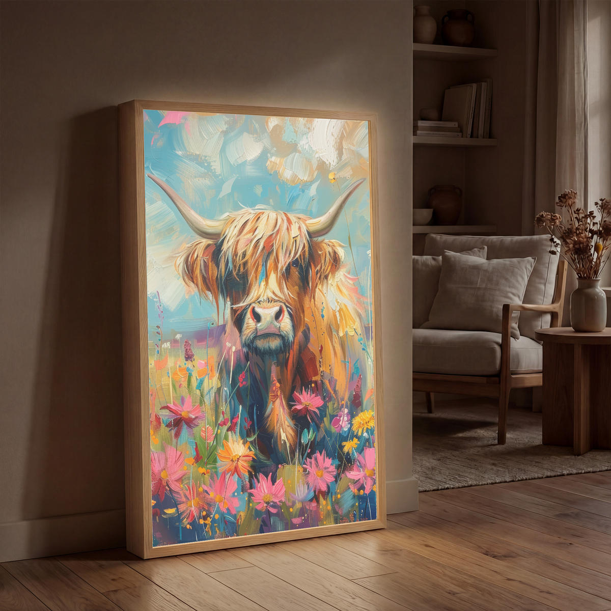 NÁSTĚNNÁ LAMPA S AKUMULÁTOREM Skotský horal - Příroda - Barevné - Květiny 60x90 cm - různobarevná, kompozitní dřevo (60/90/8cm) - OnlyWow