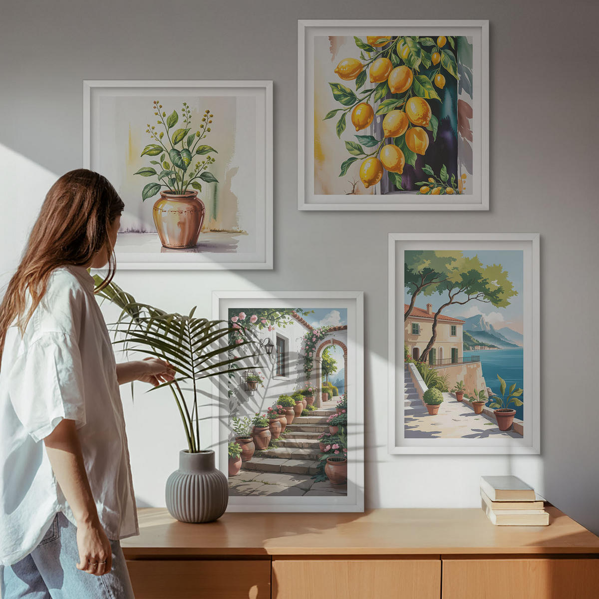 WANDBILDER 4er-Set - 50x50 cm & 40x60 cm Weißer Rahmen - Zitronenblüten am Meer - Weiß, Kunststoff (50/50cm) - ArtPrintCave
