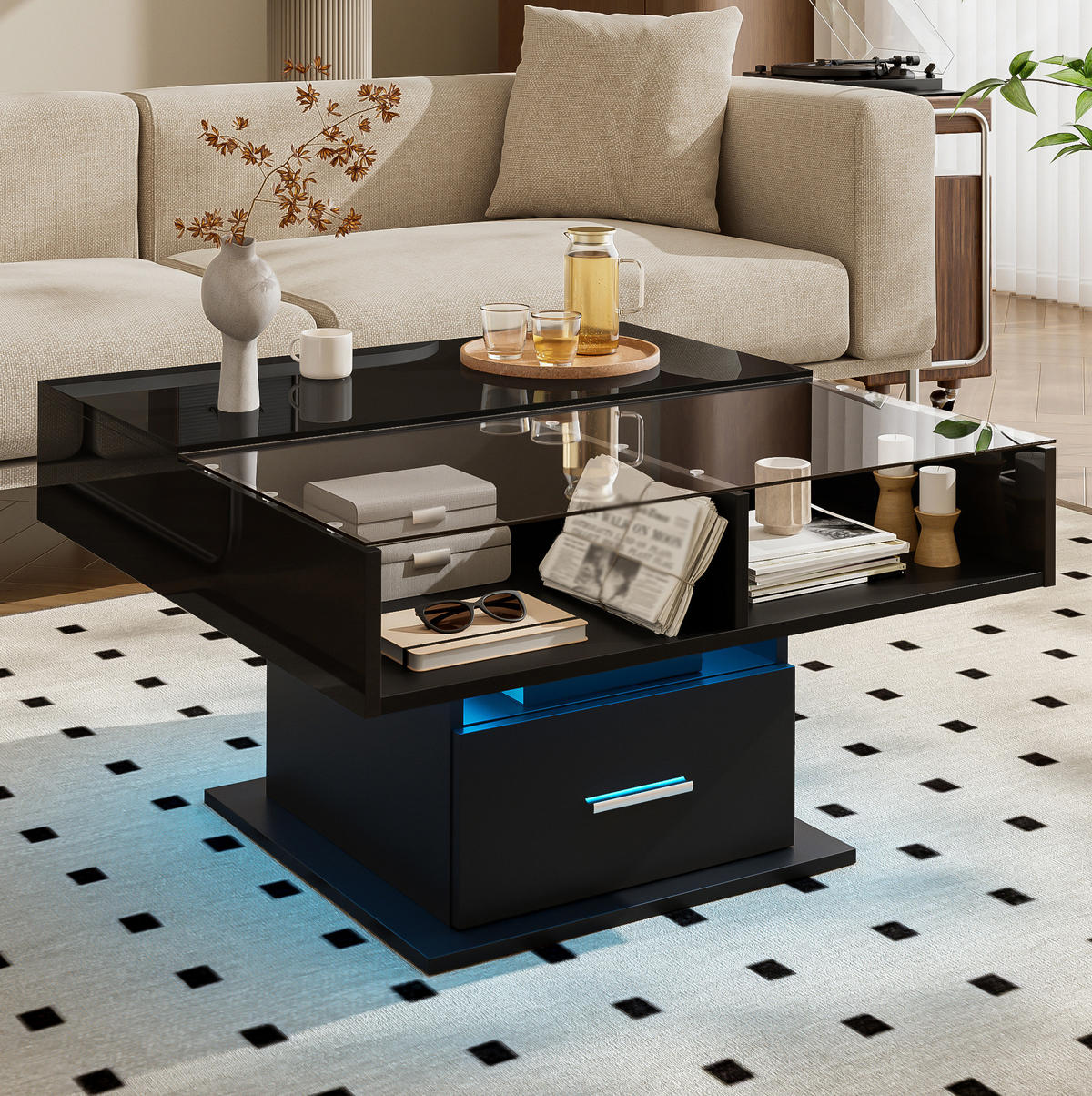 COUCHTISCH höhenverstellbar 78x78 cm Schwarz mit LED & Stauraum - Schwarz, Holzwerkstoff (78/78/45cm) - Meubliv