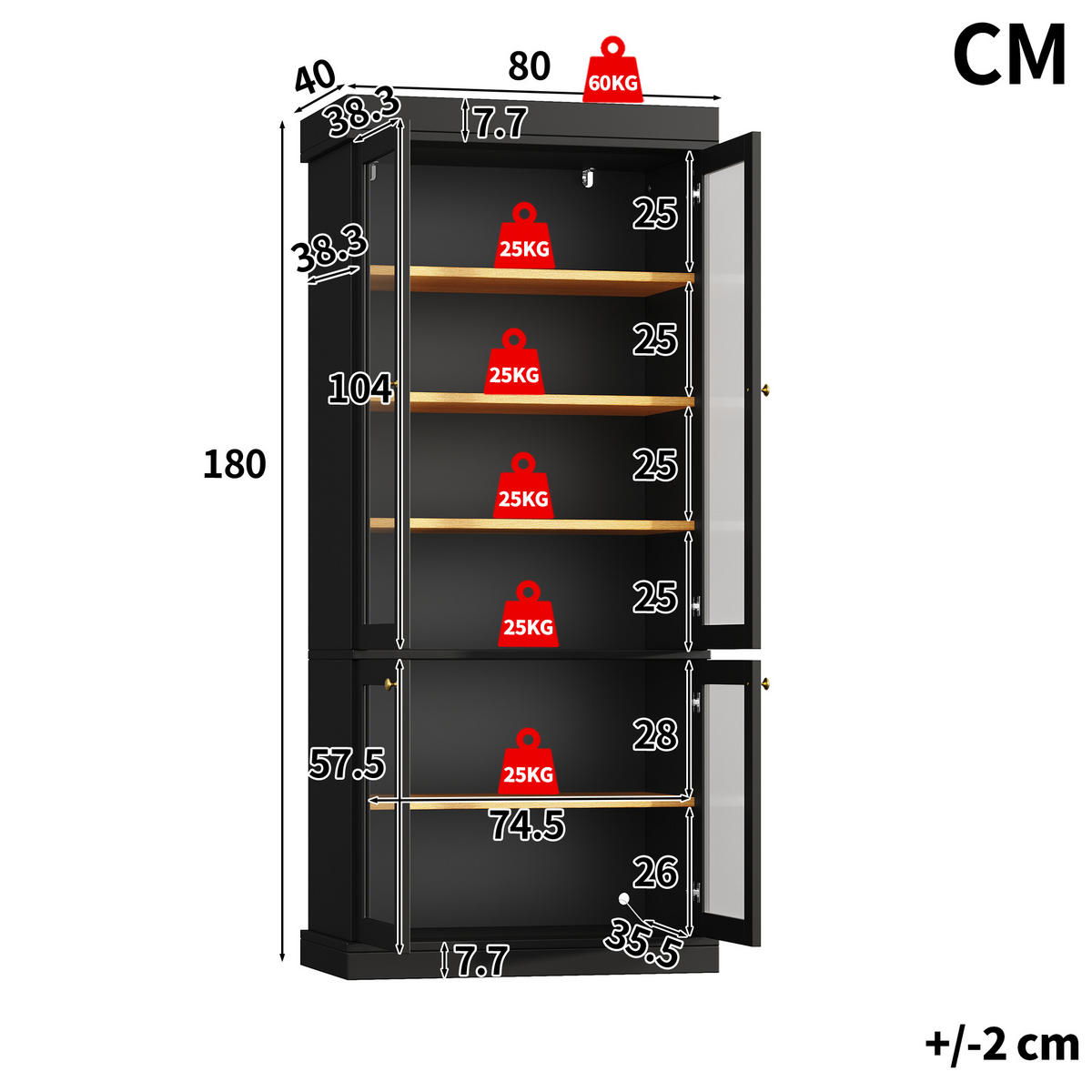 VITRINE LED Glasfront Schwarz - Schwarz, Glas (80/180/40cm) - FLIEKS