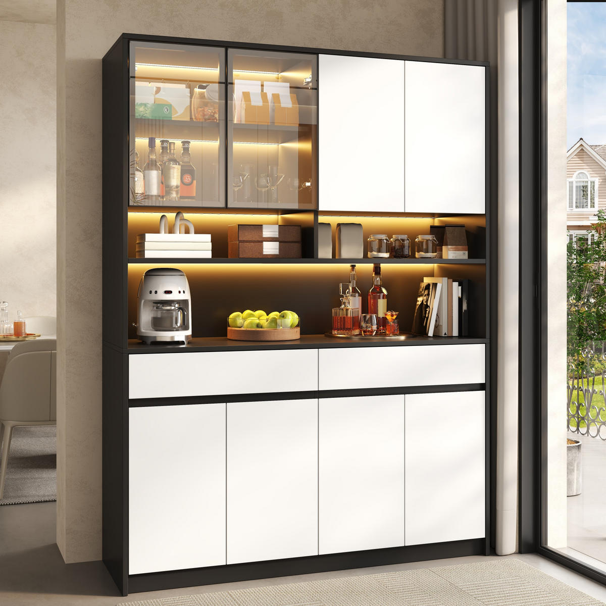 BUFFET Hochschrank mit LED-Glasfach, offenen Ablagen und App-Steuerung - Weiß, Holzwerkstoff (38/160/120cm) - Korfee