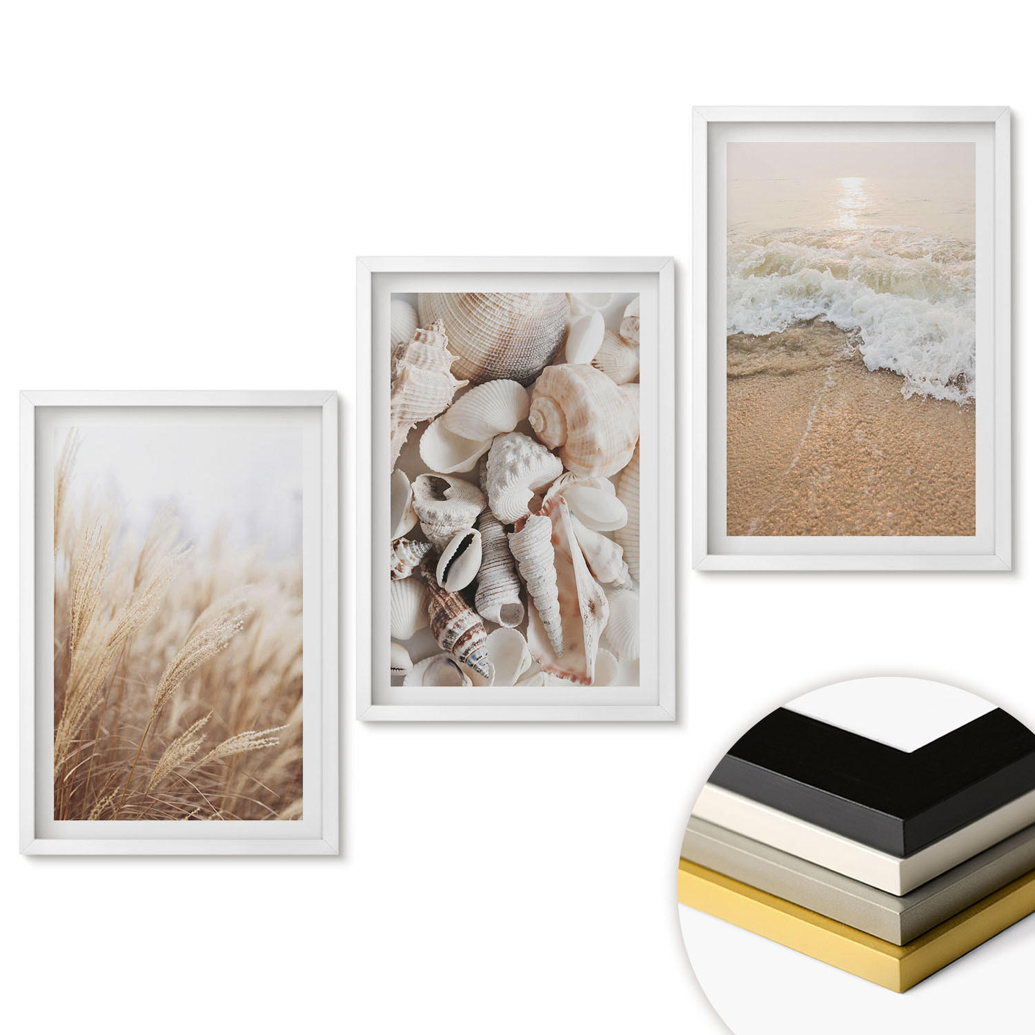 WANDBILDER 3er-Set - 40x60 cm Weißer Rahmen - Strandmotive, Muscheln, Wellen - Weiß, Kunststoff (40/60cm) - ArtPrintCave