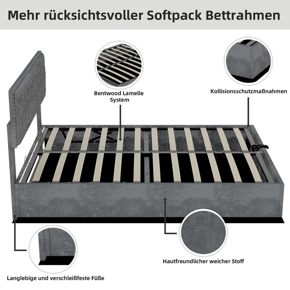 POLSTERBETT 160/200 cm in Grau Samt mit Stauraum - Grau, Holzwerkstoff/Textil (160/200cm) - WISHDOR
