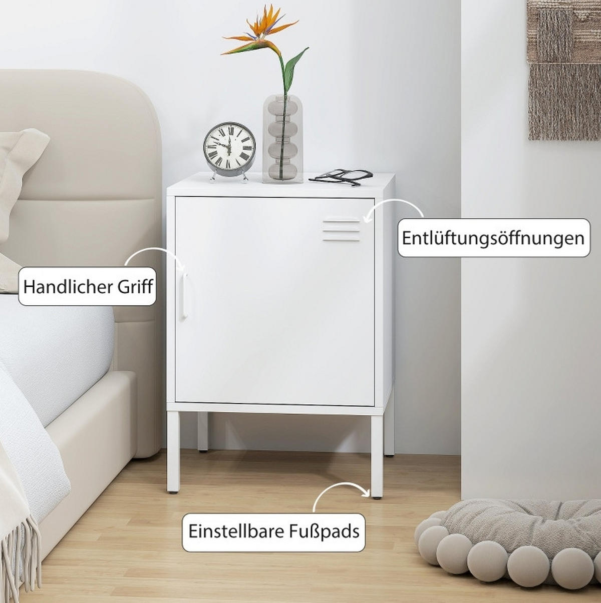 NACHTTISCH 40/40/56 cm in Weiß aus Stahl mit verstellbarem Regal - Weiß, Metall (40/56/40cm) - Flora Grace