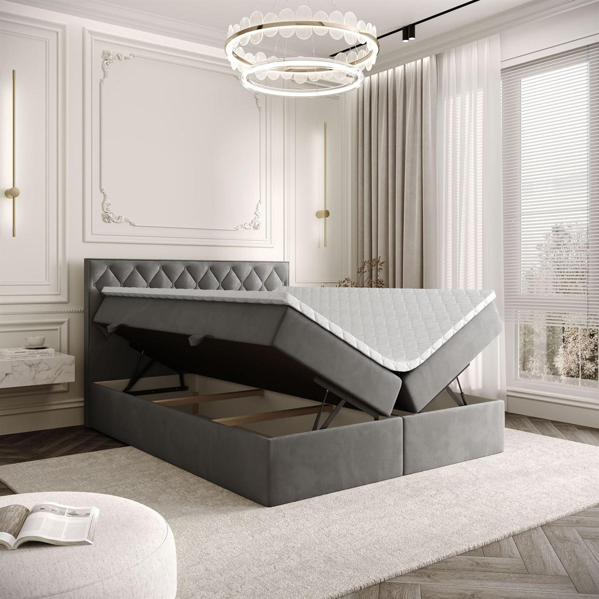 BOXBETT INEZ mit Bettkasten mit Topper 140x200 cm Royal Velvet 250 - Grau, Textil - Lookway