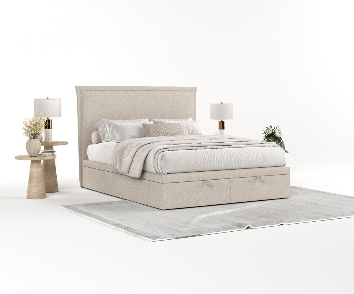 POLSTERBETT Eliot mit Stauraum 140/200 cm Hellbeige im Megan Stoff - Sandfarben/Schwarz, Holz/Holzwerkstoff (140/200cm) - AltaBeds