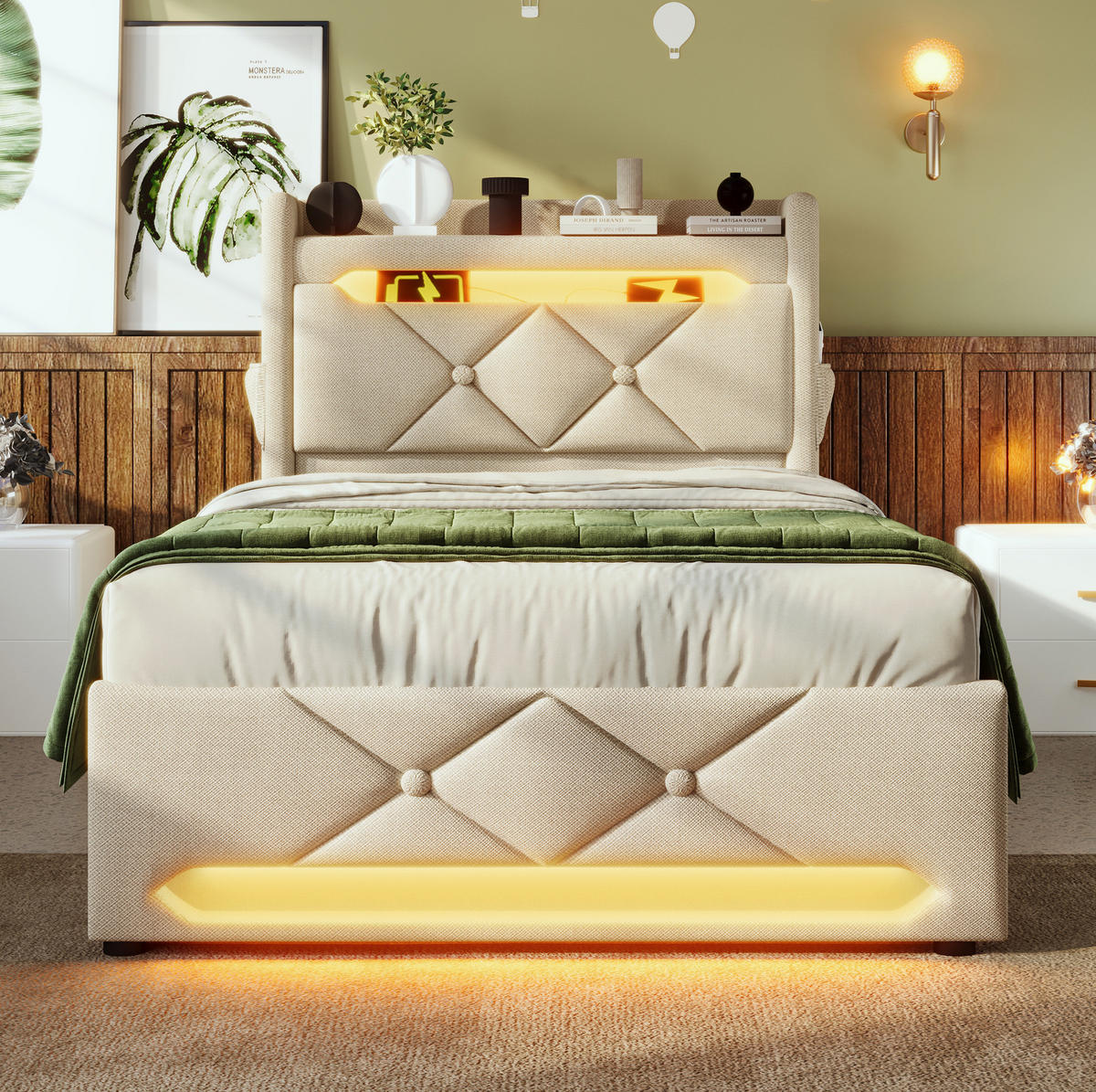 POLSTERBETT 90/200 cm mit LED, USB-C und hydraulischem Stauraum, Kopfteil mit Ablagen,und Matratze, Beige - Beige, Textil (90/200cm) - Redom