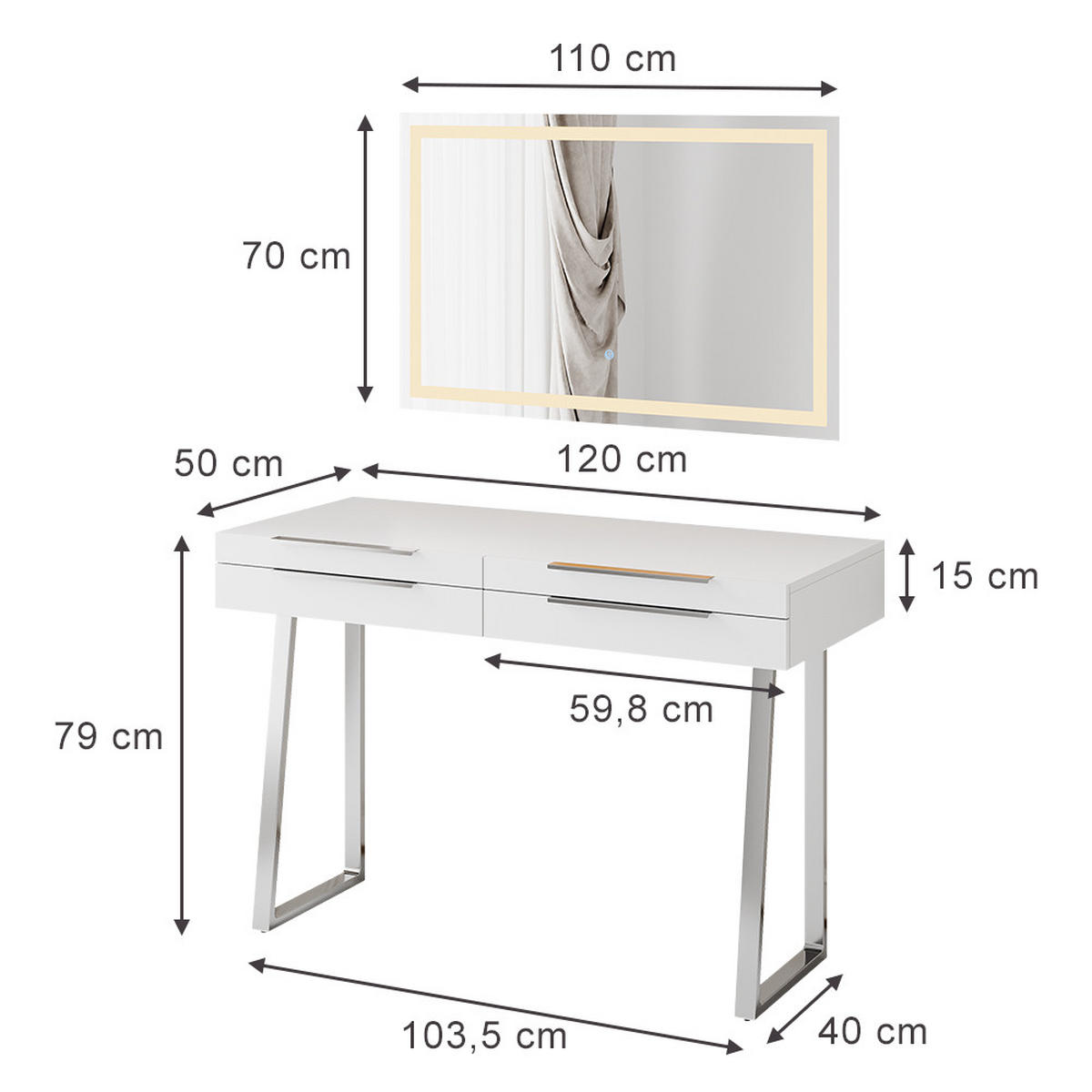 SCHMINKTISCH Alexia Weiß 120 cm mit LED-Spiegel - Weiß, Holzwerkstoff (120/79/50cm) - Vicco