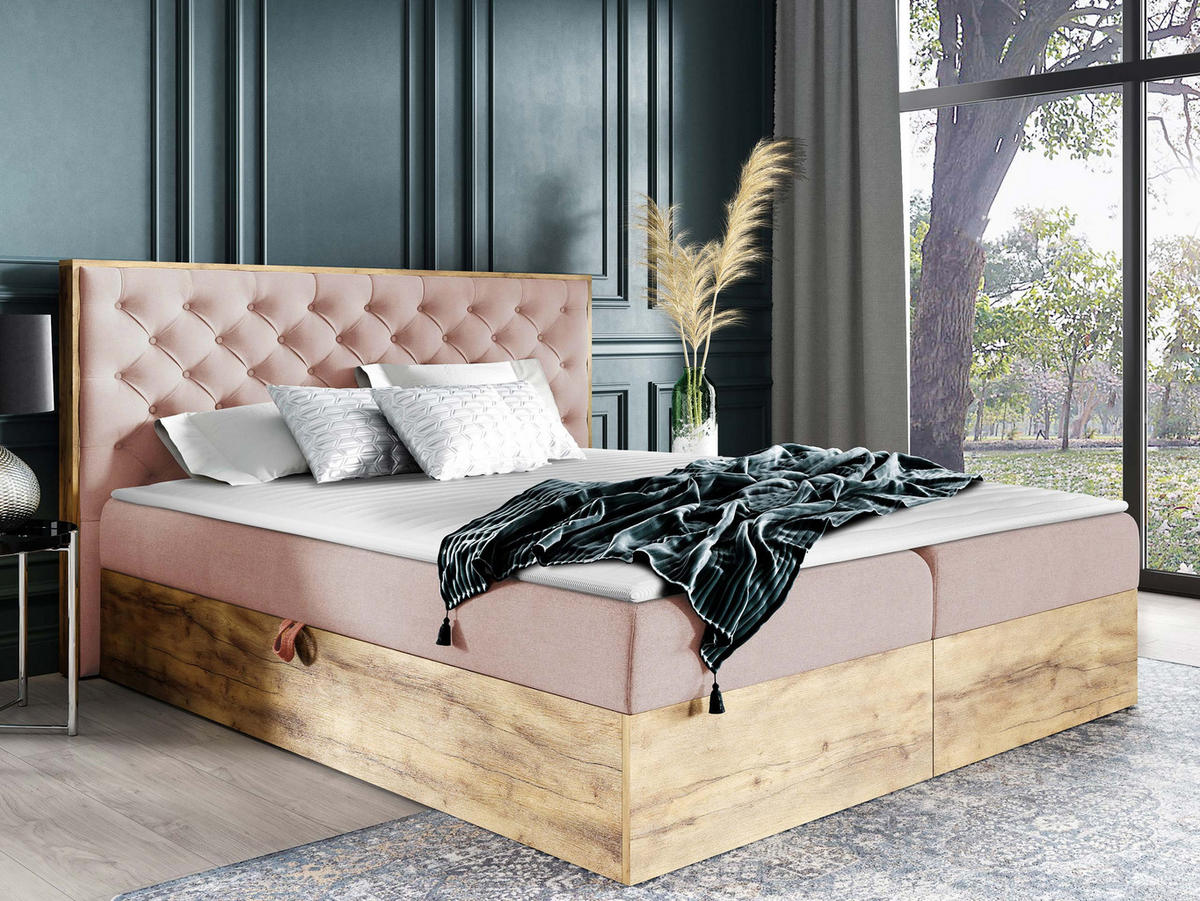 BOXBETT Wood 3 - Eiche Wotan/Rosa, Holz/Textil (140/200cm) - MIRJAN24