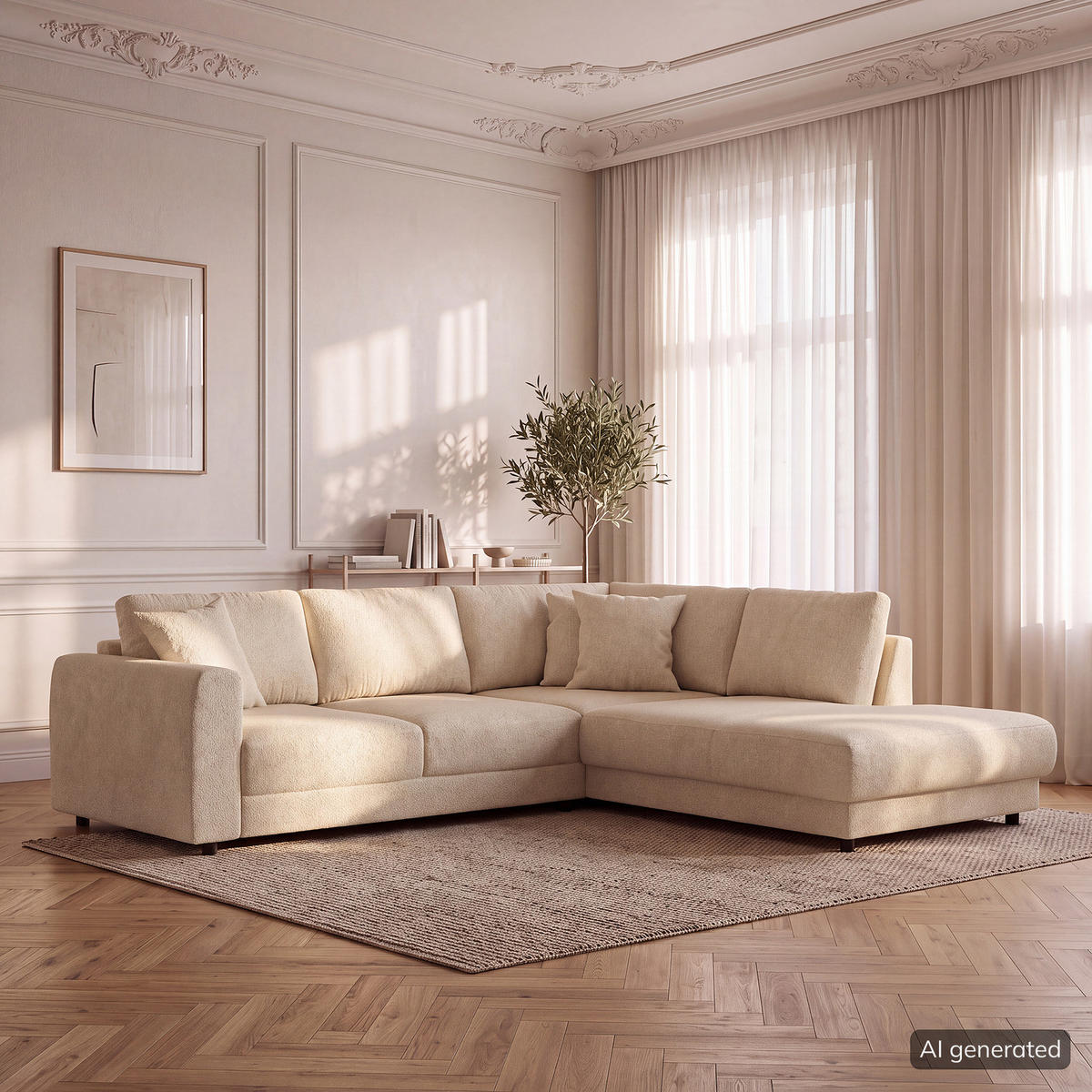 ECKSOFA mit Ottomane - Beige/Schwarz, Holz/Kunststoff (267/254cm) - home24