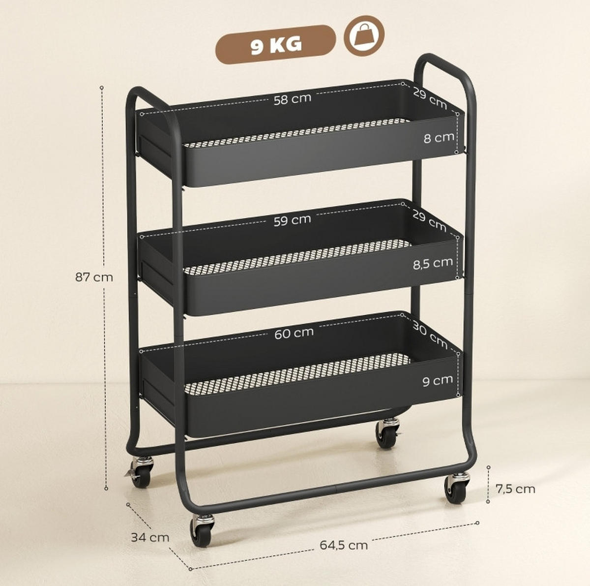 KÜCHENWOLLWAGEN 64.5x34x87cm Schwarz aus Metall mit 3 Körben & Rollen - Schwarz, Metall (34/87/64.5cm) - Modfu