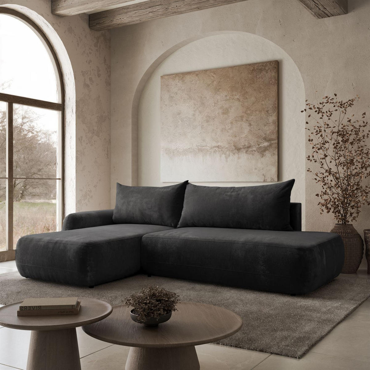 ECKSOFA GOYA mit Schlaffunktion und Bettkasten, Linke, Perfect Harmony 90 - Graphitfarben, Textil (184/302cm) - Lookway