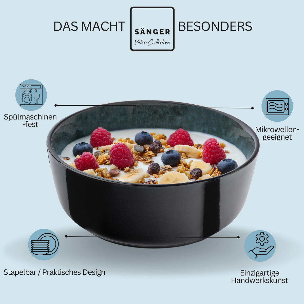 SCHALEN SET MANILA - 6 teilig aus Steingut - Blau, Stein (16.5cm) - Sänger