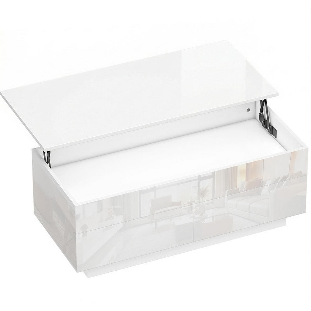 Modfu KONFERENČNÍ stolek ze dřeva a kovu 102x48x54 cm lesklá bílá s výklopnou deskou, úložným prostorem a 2 zásuvkami
