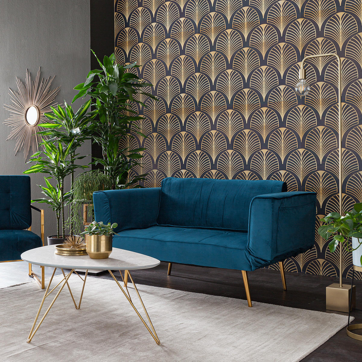 SCHLAFSOFA - Samt - Goldfarben/Dunkelblau, Textil (152/74/74cm) - home24