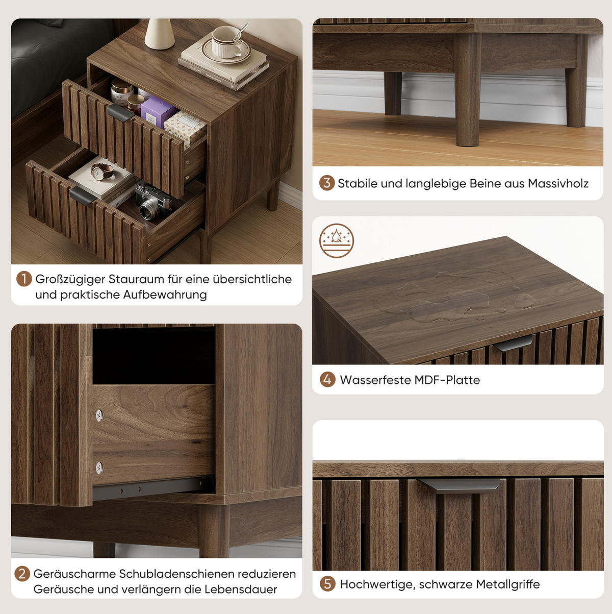 NACHTTISCH aus MDF und Holzwerkstoff 45x39x56,5 cm Walnuss mit 2 Schubladen und offenem Fach im Lattenrost-Design - Walnussfarben, Holzwerkstoff (45/56.5/39cm) - Modfu