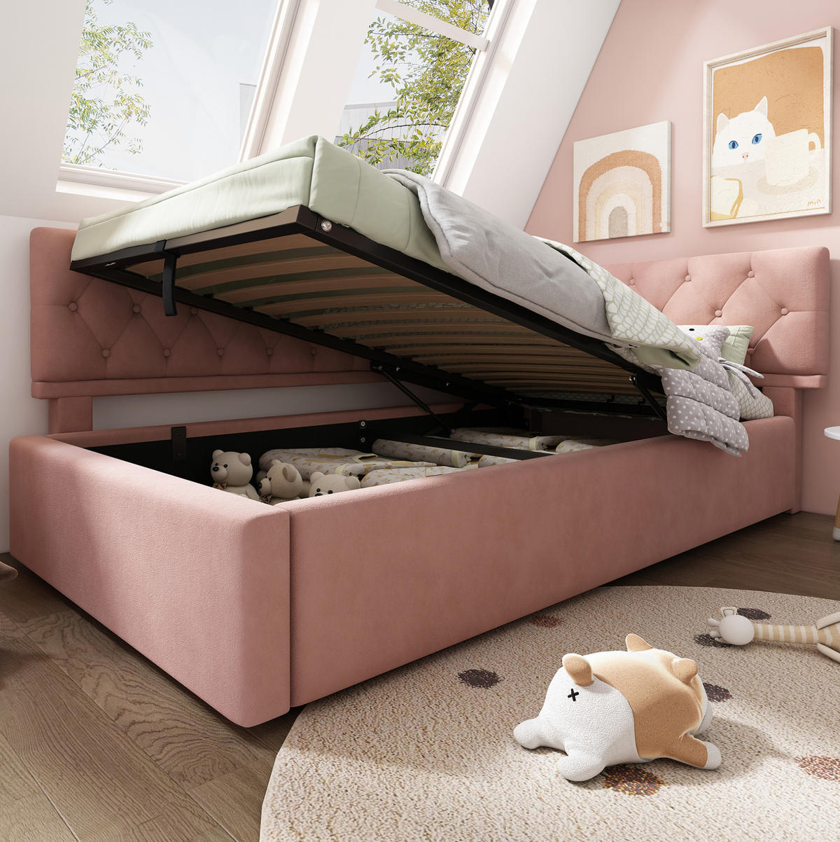 SAMT-POLSTERBETT 90/190 cm in Rosa mit Bettkasten und gepolstertem Kopfteil - Rosa, Textil (90/190cm) - BEAOK