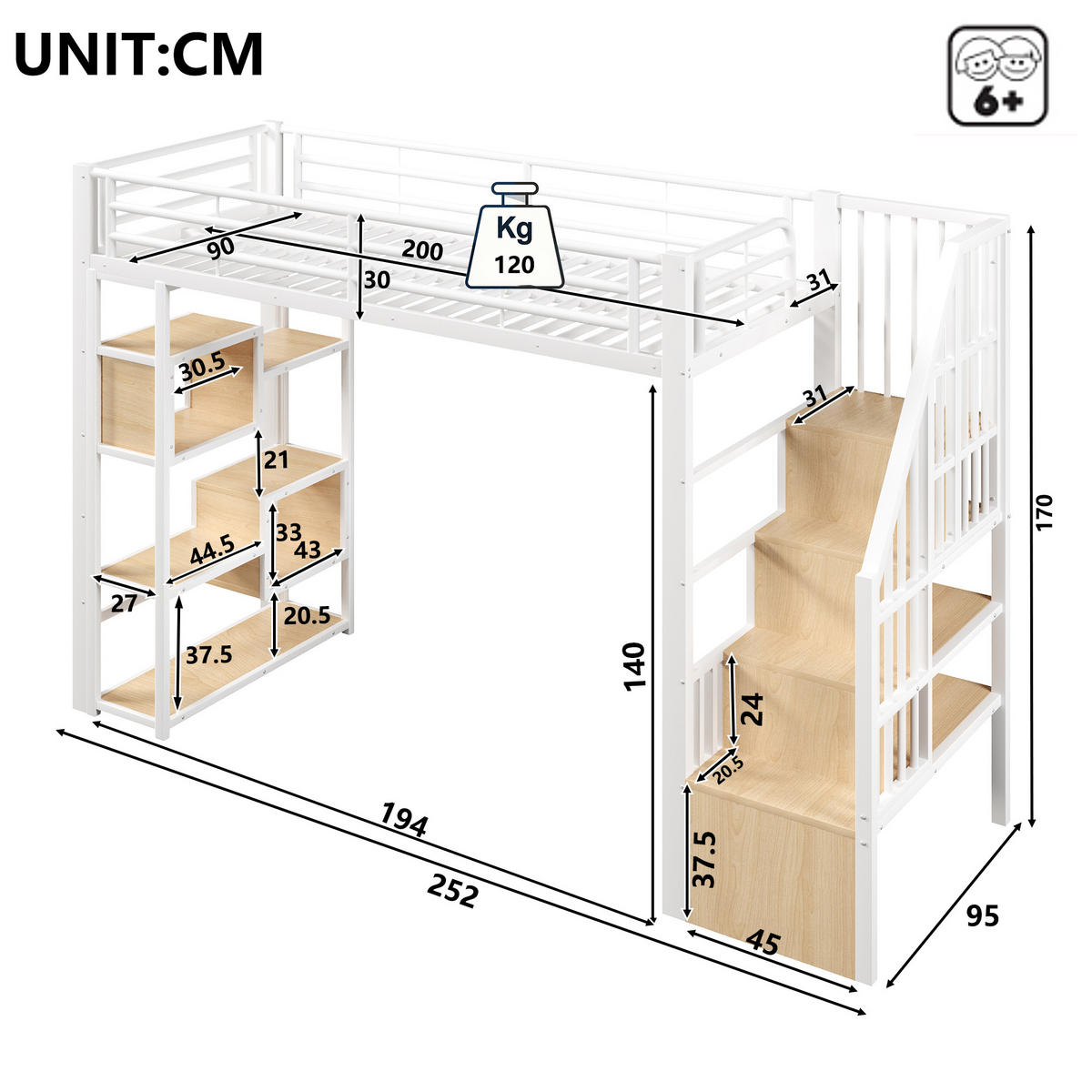 HOCHBETT 90x200cm, Eisen, Ablage, Stufen, Geländer, LED, Stauraum, ohne Matratze, Weiß - Weiß, Holzwerkstoff (90/200cm)