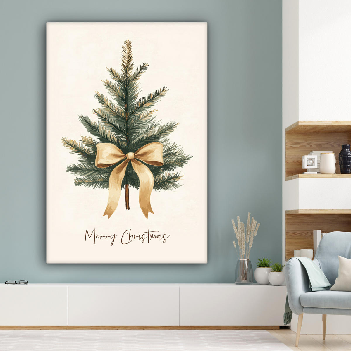 SLIKA NA PLATNU Božično drevesce 90x140 cm - peščene barve, tekstil (90/140cm) - MuchoWow