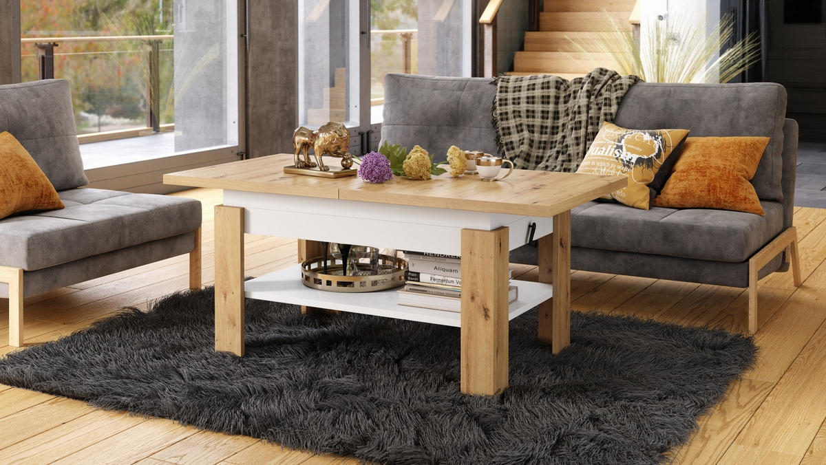 COUCHTISCH rechteckig Eiche Artisan - Weiß ausziehbar höhenverstellbar - Eiche Artisan/Weiß, Holzwerkstoff (65/130/58cm) - designimpex