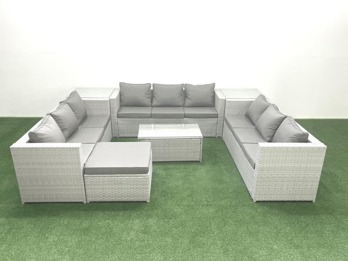 GARTENSET mit 3-SITZER SOFA,COUCHTISCH Polyrattan Hellgrau-Mix 10-Sitzer - Hellgrau/Grau, Glas/Kunststoff - Fimous