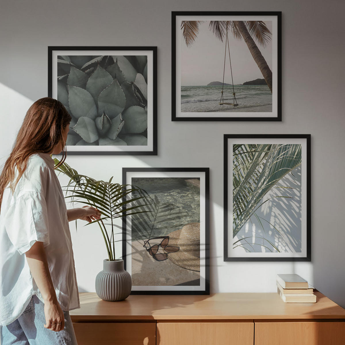 WANDBILDER 4er-Set - 50x50 cm & 40x60 cm Schwarzer Rahmen - Tropische Pflanzen für den Urlaub - Schwarz, Kunststoff (50/50cm) - ArtPrintCave