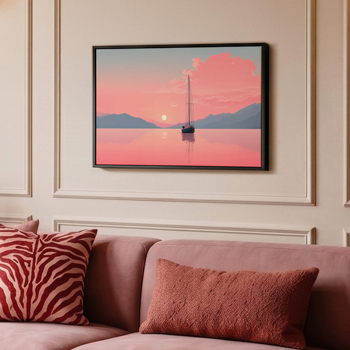 LEINWAND Bilder mit Rahmen - Segelboot - Rosa Meer - Sonnenuntergang - Berge - 60x40 - Rosa, Textil (60/40cm) - OnlyWow