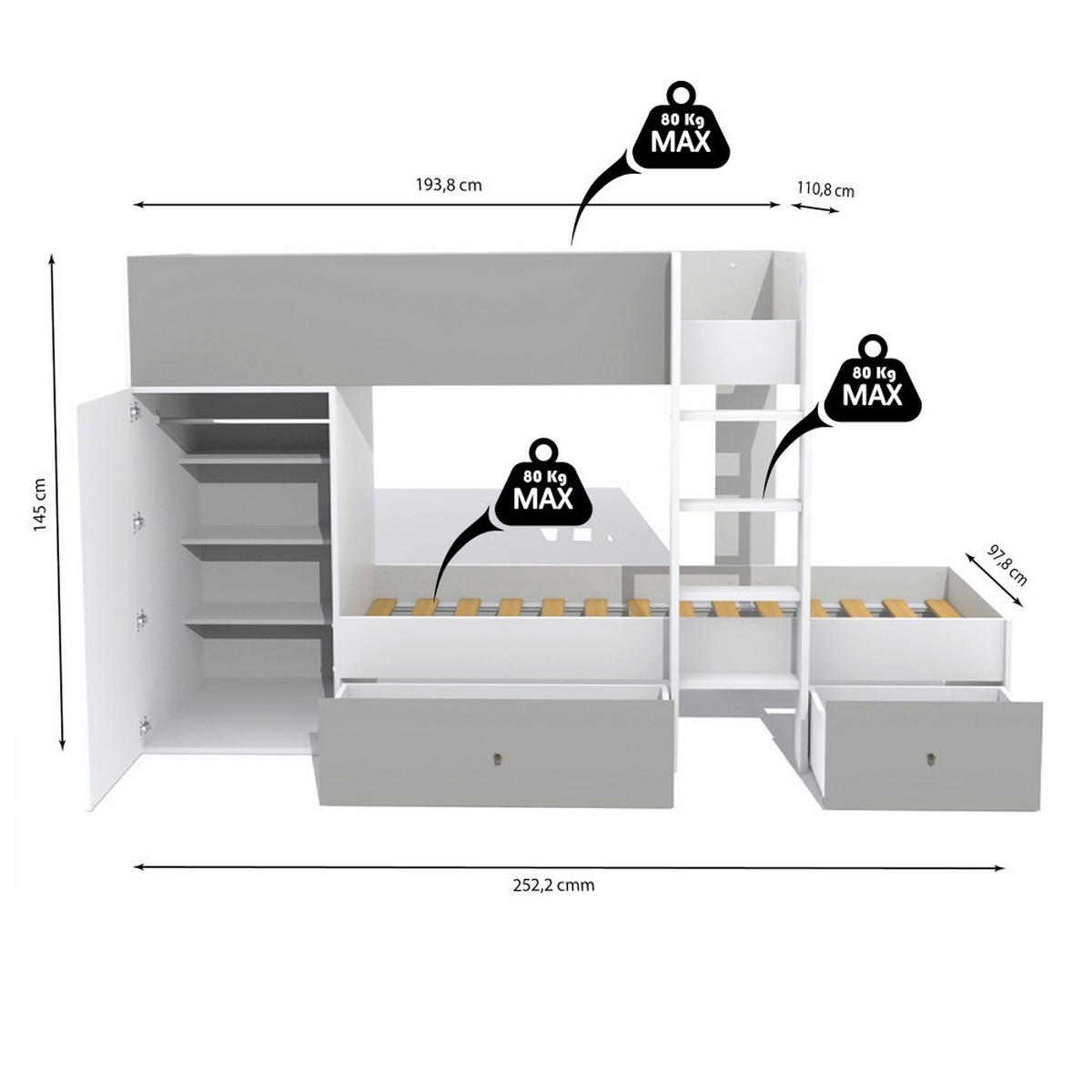 ETAGENBETT TWIN mit Schrank - Schubladen/ Etagenbett 90x190 - Weiß und Grau - Weiß/Grau, Holzwerkstoff (90/190cm) - Weber Industries