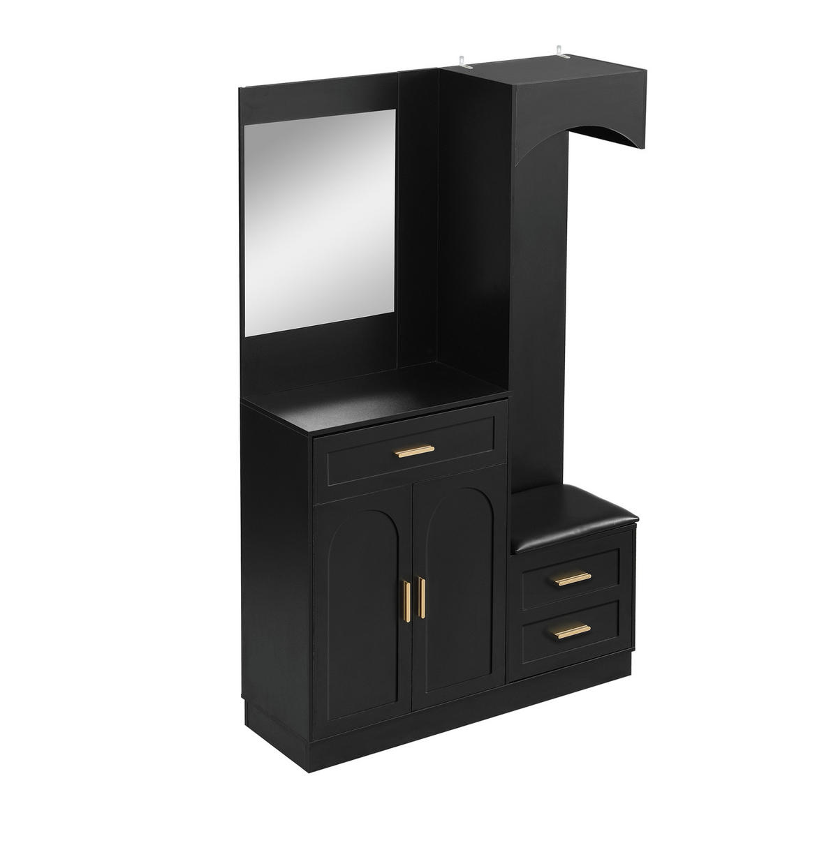 GARDEROBENSCHRANK 110/33/185,5 cm mit Schuhschrank, Spiegel, Sitzbank und verstellbaren Böden aus MDF, Schwarz - Schwarz, Holzwerkstoff (110/185.5/33cm) - Redom