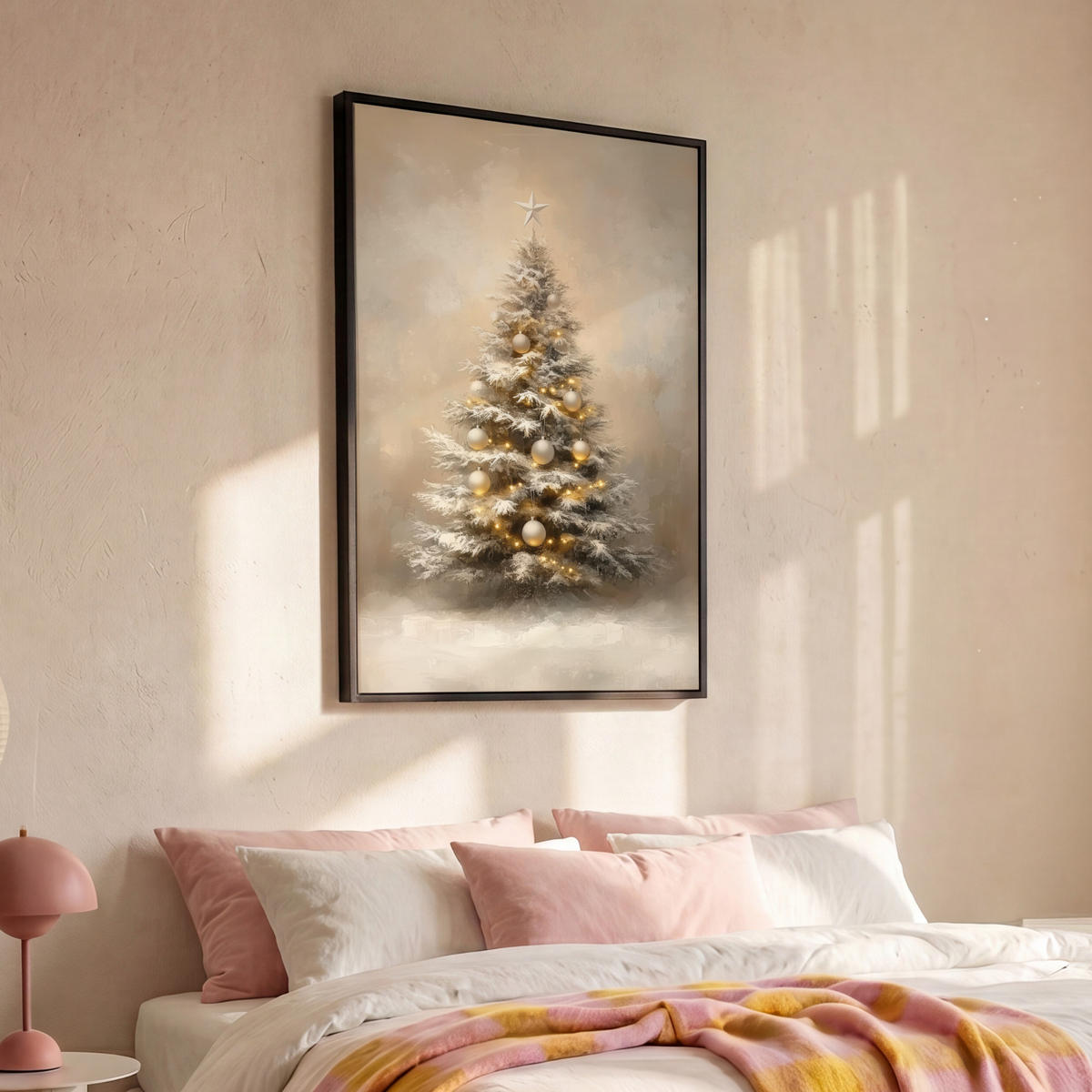 LEINWAND Bilder mit Rahmen - Weihnachten - Weihnachtsbaum - Schnee - Kunst - 80x120 - Champagner, Textil (80/120cm) - MuchoWow