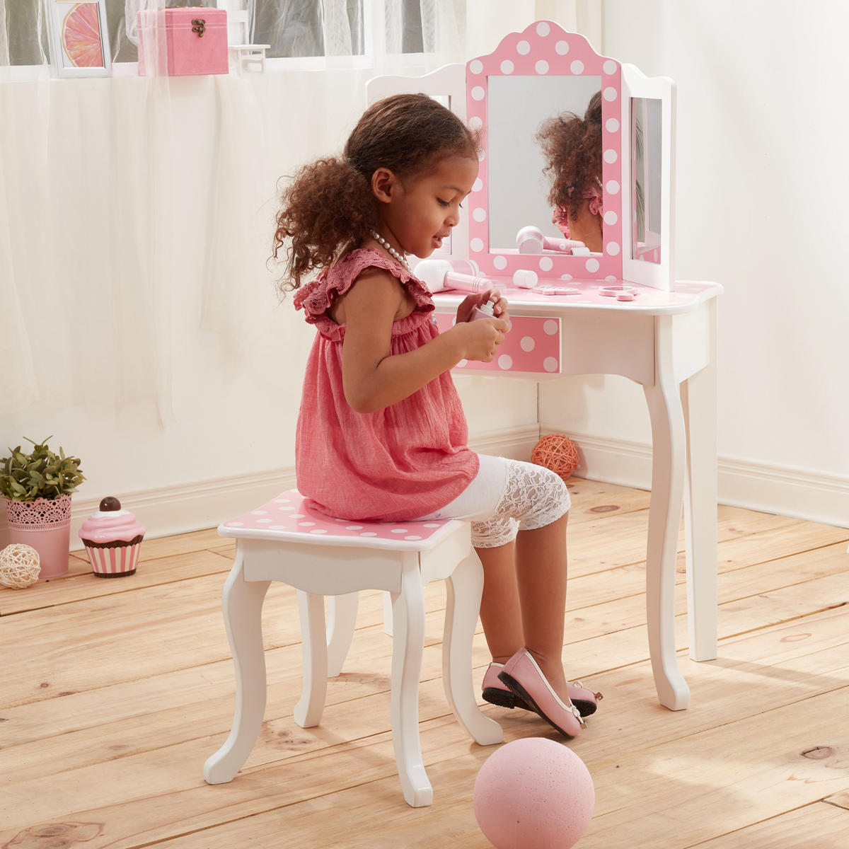 KINDER-SCHMINKTISCH mit Spiegel und Hocker Frisiertisch, Rosa/Weiß, 100cm - Weiß, Holzwerkstoff (30/100/60cm) - Teamson Kids