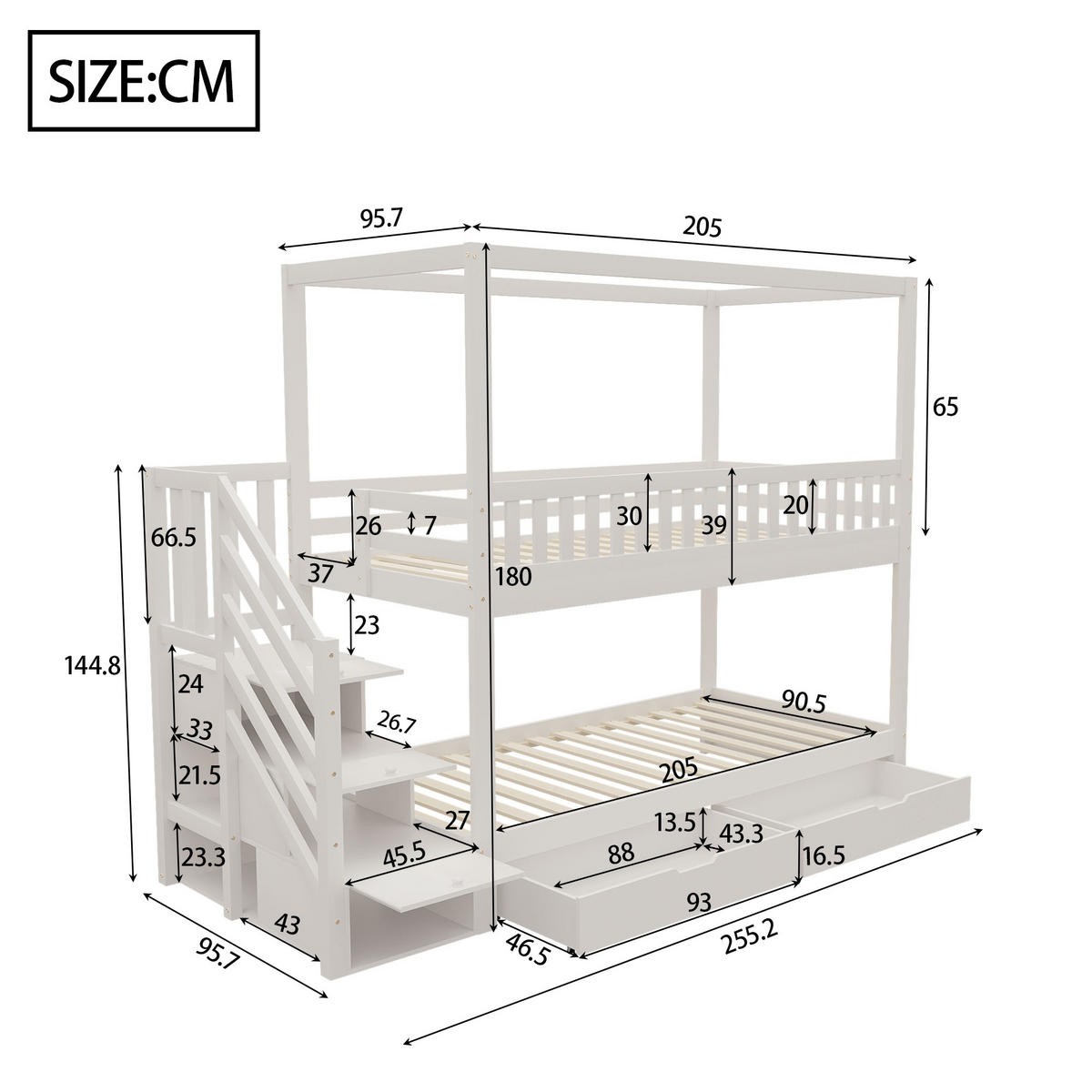 ETAGENBETT 90/200 cm aus Massivholz mit Hausform und Sicherheitsleiter - Weiß, Holz (90/200cm) - OKWISH