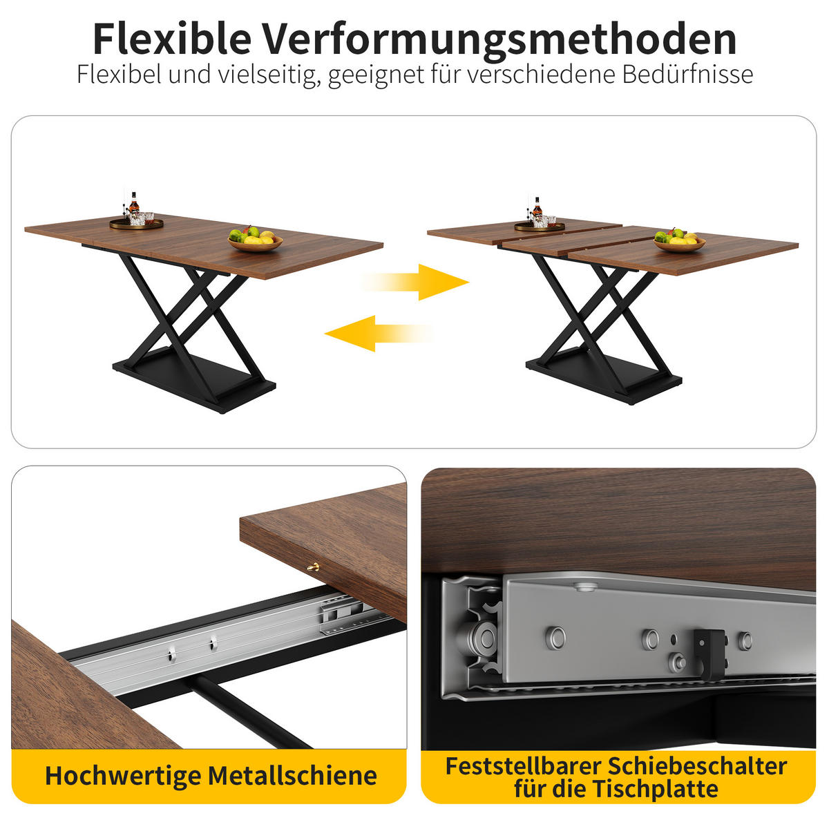 ESSTISCH, MDF ausziehbar 120-160/80/75 cm mit Metallgestell in Kreuzform, Walnussfarben/Schwarz - Walnussfarben, Holzwerkstoff (120/80/75cm) - Redom