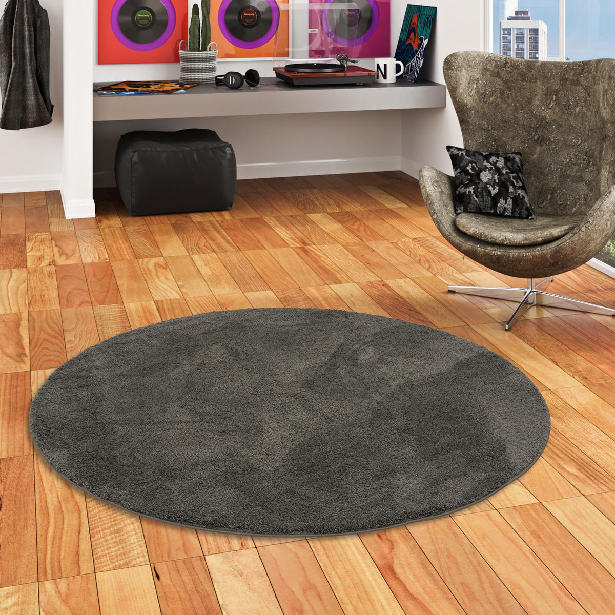 SUPER SOFT KINDER HOCHFLOR TEPPICH SILKY KIDS RUND - Anthrazit, Textil (120/120cm) - Pergamon
