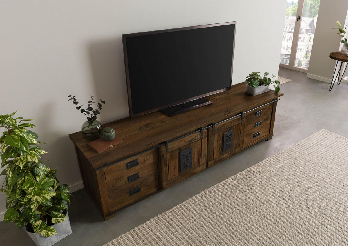 TV-BOARD Mango 220x55x60 braun lackiert RAILWAY #466 - Braun, Holz (220/60/55cm) - Massivmoebel24