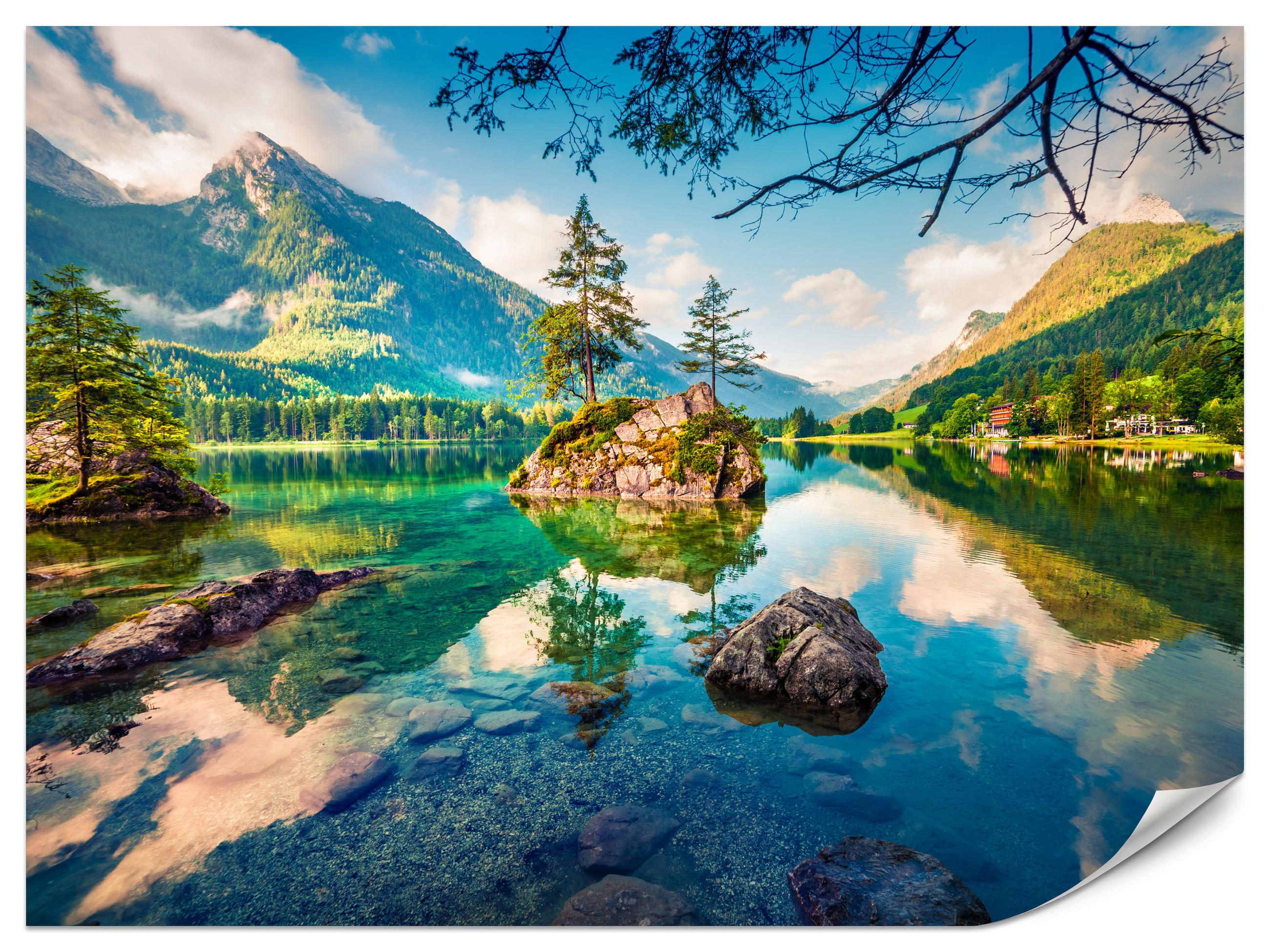 FOTOTAPETE für Schlafzimmer Bergsee Nadelbäume Felsen Natur Landschaft 450x315 - Türkis/Beige, Papier (450/315cm) - Muralo