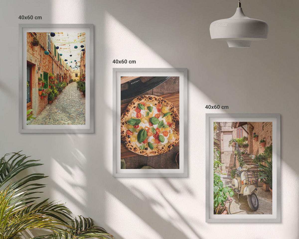 WANDBILDER 3er Set - 40x60 cm Silberner Rahmen - Charmante Straßen mit Pizza - Silberfarben, Kunststoff (40/60cm) - ArtPrintCave